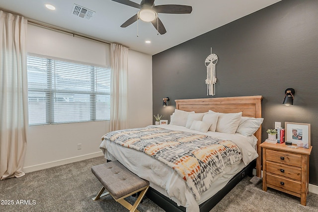 carpeted bedroom featuring visible vents, recessed lighting, a ceiling fan, and baseboards