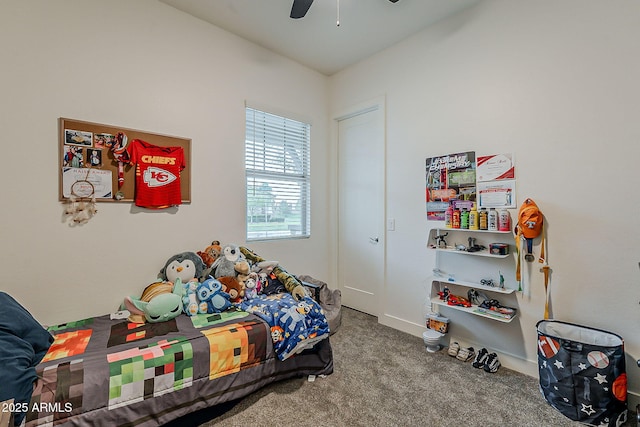 carpeted bedroom featuring a ceiling fan