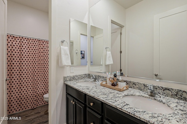 bathroom with double vanity, toilet, wood finished floors, and a sink