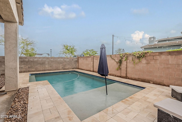 view of pool with a patio area, a fenced in pool, and a fenced backyard