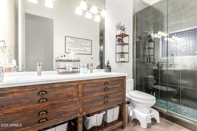 full bath featuring vanity, tile patterned floors, toilet, and a stall shower