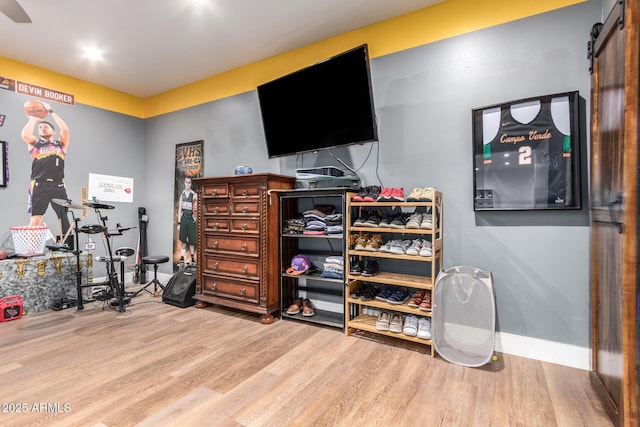 interior space with a barn door and wood finished floors