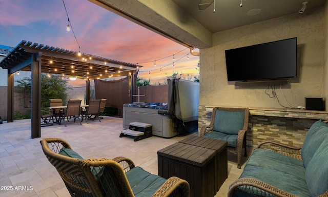 2915 W Night Owl Ln, Phoenix, AZ 85085 - patio terrace at dusk with a patio, outdoor dining area, a fenced backyard, an outdoor hangout area, and a ceiling fan