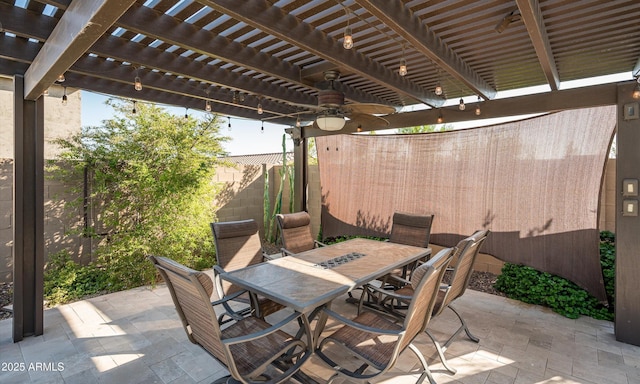 2915 W Night Owl Ln, Phoenix, AZ 85085 - fenced backyard with outdoor dining area, a ceiling fan, a patio, and a pergola