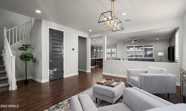 2915 W Night Owl Ln, Phoenix, AZ 85085 - living room with dark wood-style flooring, stairs, a ceiling fan, baseboards, and recessed lighting
