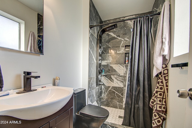 bathroom with toilet, vanity, and a shower with shower curtain