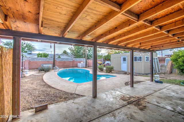 view of swimming pool featuring a patio area and a shed