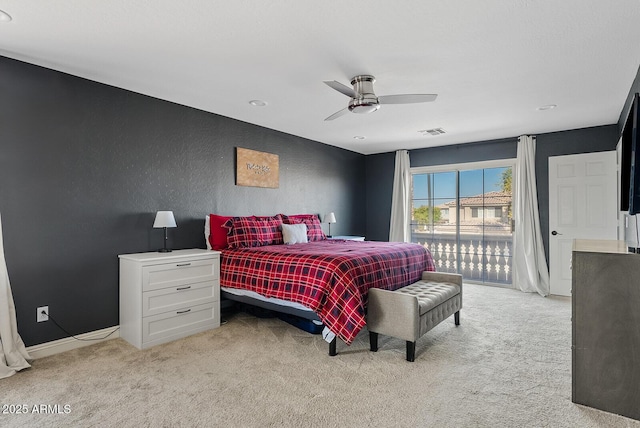 bedroom with light carpet, access to outside, and ceiling fan