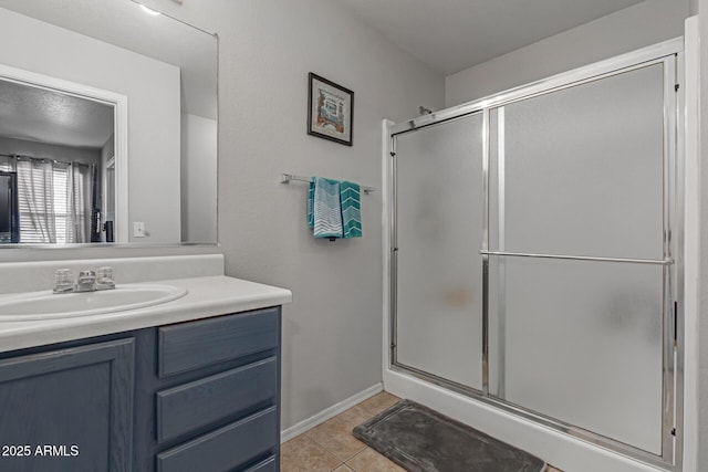 bathroom featuring vanity, tile patterned floors, and a shower with door