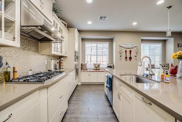 kitchen featuring a wealth of natural light, stainless steel appliances, sink, white cabinets, and hanging light fixtures