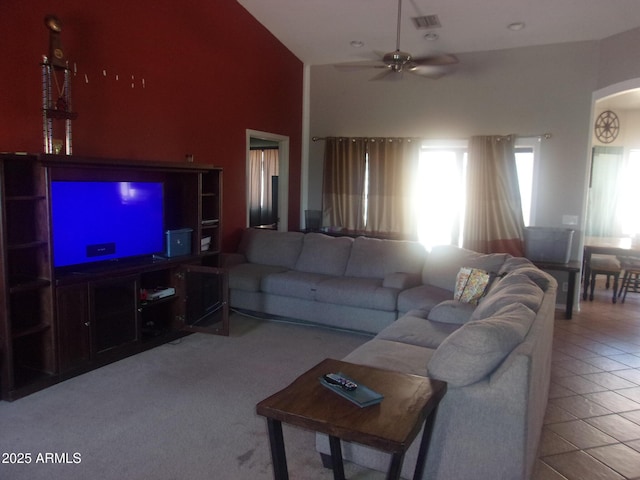 4616 E Monument Way, Rimrock, AZ 86335 - tiled living room featuring a ceiling fan, high vaulted ceiling, and arched walkways