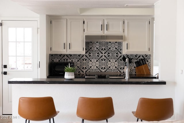 kitchen with under cabinet range hood, dark countertops, and tasteful backsplash