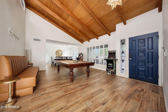 game room featuring light wood finished floors, wood ceiling, high vaulted ceiling, visible vents, and billiards