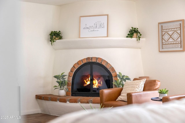 details with baseboards and a lit fireplace