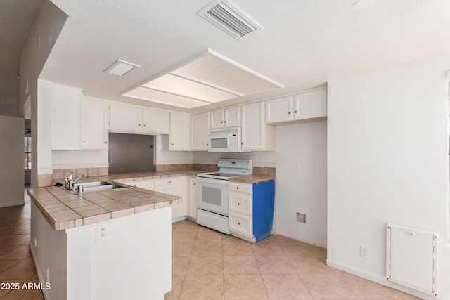 6534 S Marilyn Ann Dr, Tempe, AZ 85283 - kitchen featuring visible vents, tile countertops, a peninsula, white appliances, and white cabinetry