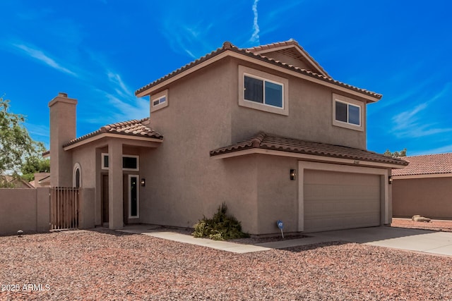 15440 S 38th St, Phoenix, AZ 85044 - view of front of home featuring a chimney, stucco siding, driveway, a garage, and a tiled roof