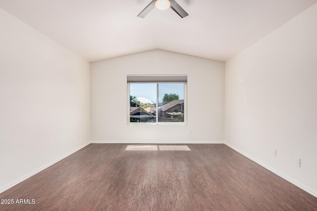 15440 S 38th St, Phoenix, AZ 85044 - empty room with dark wood-style floors, ceiling fan, lofted ceiling, and baseboards