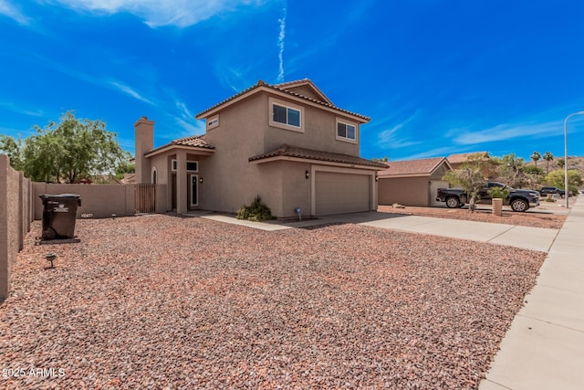 15440 S 38th St, Phoenix, AZ 85044 - view of property exterior with an attached garage, driveway, stucco siding, a tiled roof, and a chimney