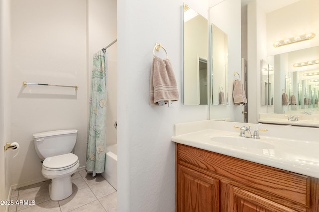 full bath featuring tile patterned flooring, shower / bath combination with curtain, toilet, and vanity