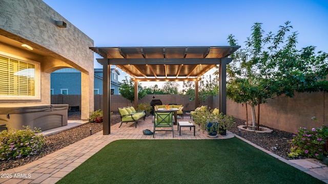 view of yard featuring a fenced backyard, a pergola, an outdoor hangout area, and a hot tub
