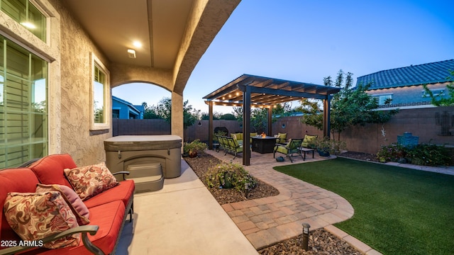 view of patio / terrace featuring a fenced backyard, a pergola, a hot tub, and an outdoor hangout area
