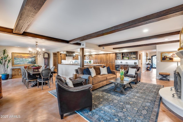 living room with a chandelier, beam ceiling, bar area, and recessed lighting