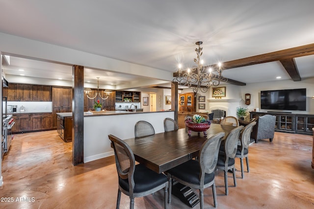dining area featuring a chandelier, concrete flooring, beamed ceiling, and recessed lighting