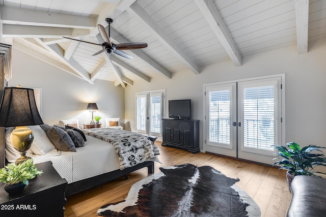 bedroom featuring french doors, access to exterior, hardwood / wood-style floors, a ceiling fan, and wooden ceiling