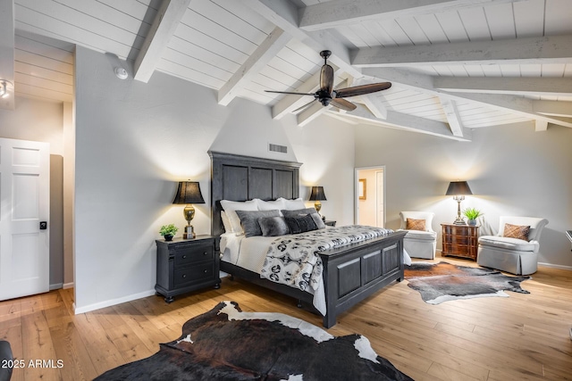 bedroom with light wood-type flooring, baseboards, wood ceiling, and a ceiling fan