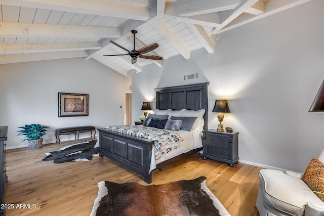 bedroom with light wood-style floors, ceiling fan, baseboards, and wooden ceiling