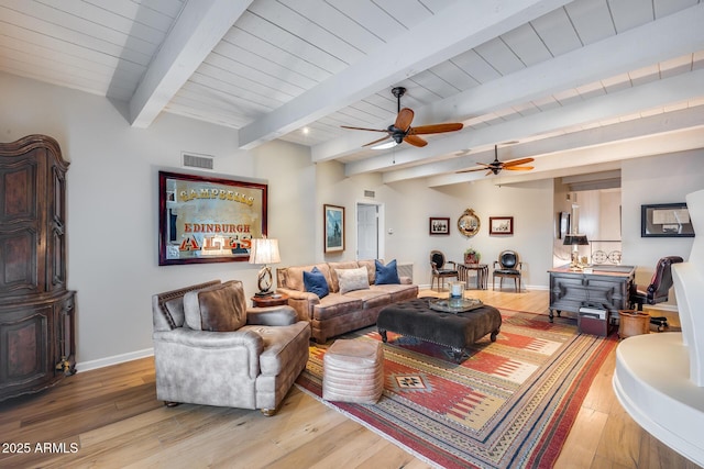 living area featuring a ceiling fan, light wood finished floors, beam ceiling, baseboards, and wooden ceiling