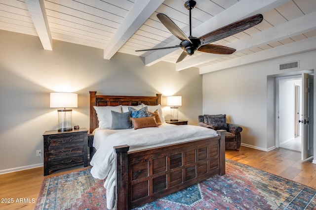 bedroom with wood finished floors, wood ceiling, beamed ceiling, baseboards, and ceiling fan