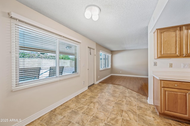 unfurnished dining area featuring a textured ceiling and baseboards