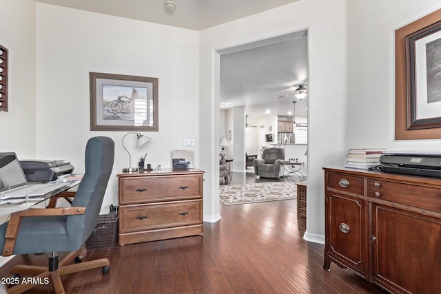 office featuring ceiling fan and dark hardwood / wood-style floors