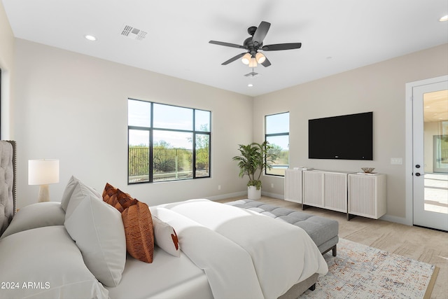 bedroom with access to exterior and ceiling fan