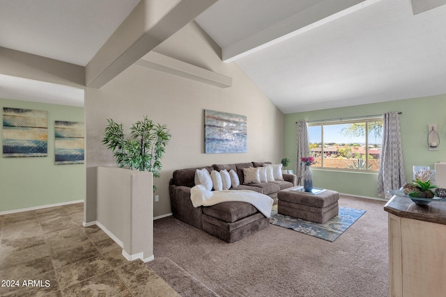 living room with carpet and vaulted ceiling with beams