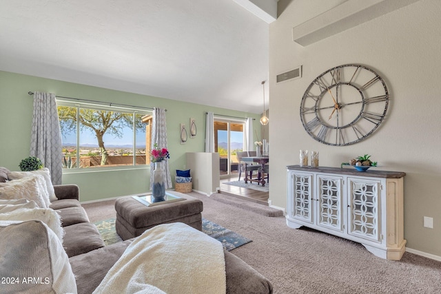 carpeted living area with baseboards and visible vents