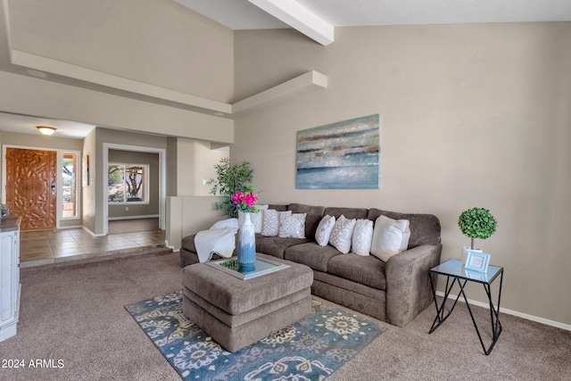 carpeted living room with high vaulted ceiling, tile patterned flooring, beam ceiling, and baseboards