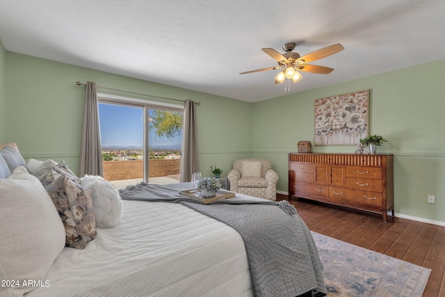 bedroom with hardwood / wood-style flooring, access to outside, baseboards, and ceiling fan