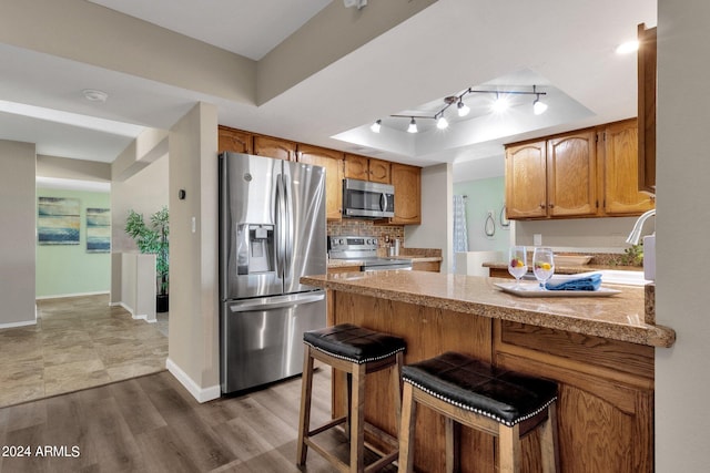 kitchen with stainless steel appliances, a peninsula, wood finished floors, decorative backsplash, and a raised ceiling