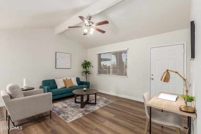 living room with ceiling fan, lofted ceiling with beams, and dark hardwood / wood-style flooring