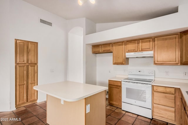 kitchen with visible vents, a kitchen island, under cabinet range hood, light countertops, and white electric stove