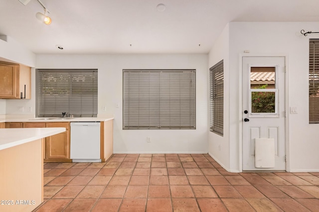 kitchen with light countertops, baseboards, white dishwasher, and a sink