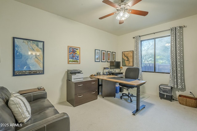 office featuring ceiling fan and carpet