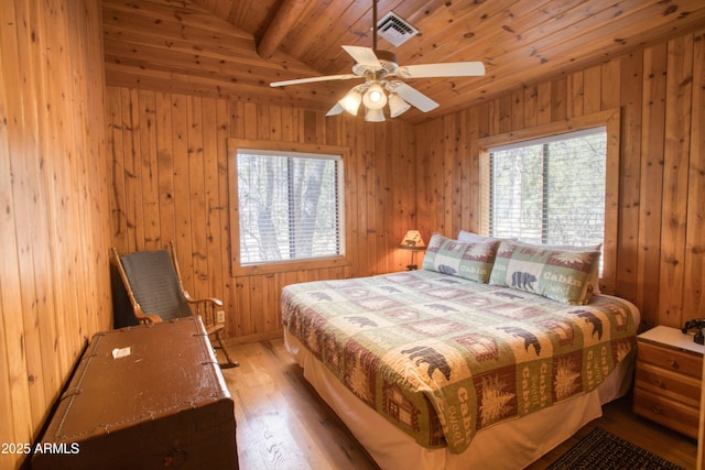 669 W Monarch Cir, Lakeside, AZ 85929 - bedroom with wooden walls, light wood-style flooring, visible vents, beamed ceiling, and wood ceiling