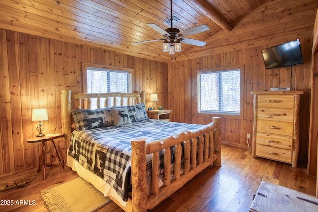 669 W Monarch Cir, Lakeside, AZ 85929 - bedroom featuring wood ceiling, wood walls, lofted ceiling with beams, and hardwood / wood-style flooring