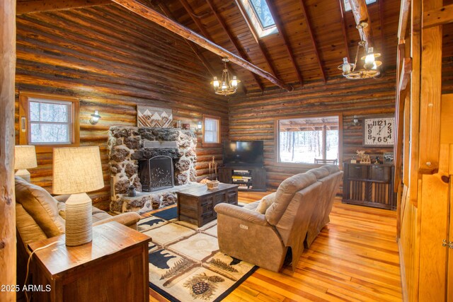 669 W Monarch Cir, Lakeside, AZ 85929 - living room featuring a chandelier, a skylight, high vaulted ceiling, and beam ceiling