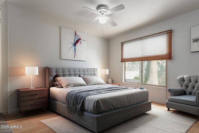 bedroom with light wood-type flooring and ceiling fan