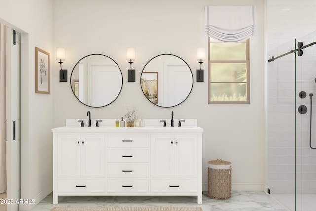 full bath featuring a tile shower, marble finish floor, and a sink