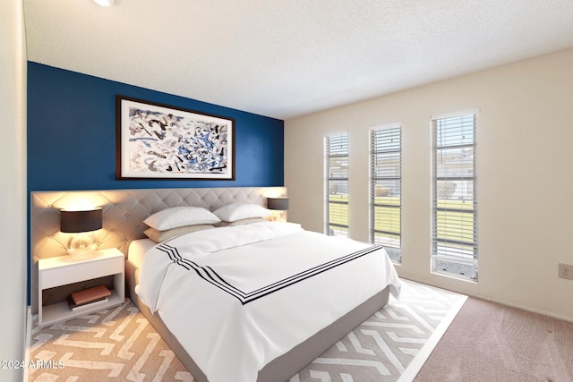 bedroom with light carpet, a textured ceiling, and access to outside